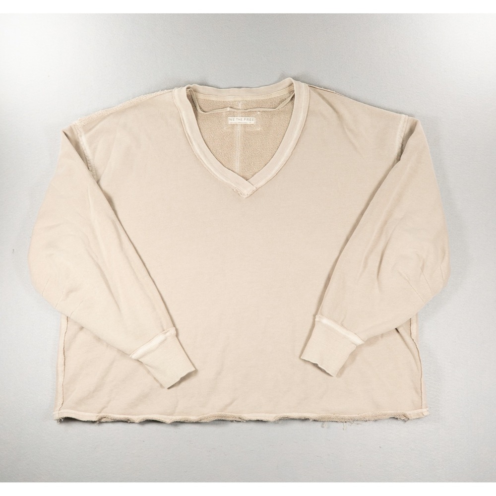 Free People We The Free Oversized V-Neck Sweatshirt Beige Tan Raw Hem Small